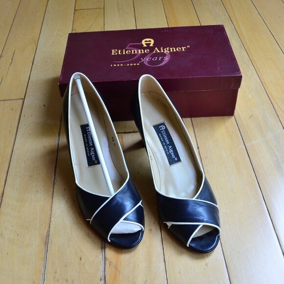 Etienne Aigner Black leather Peep Toe Heels Size 8.5M - Picture 1 of 12